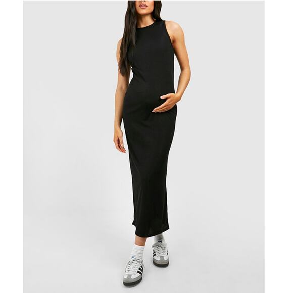 Boohoo Women's Black Ribbed Racer Neck Maternity Midaxi Dress Size 6 - Picture 1 of 7